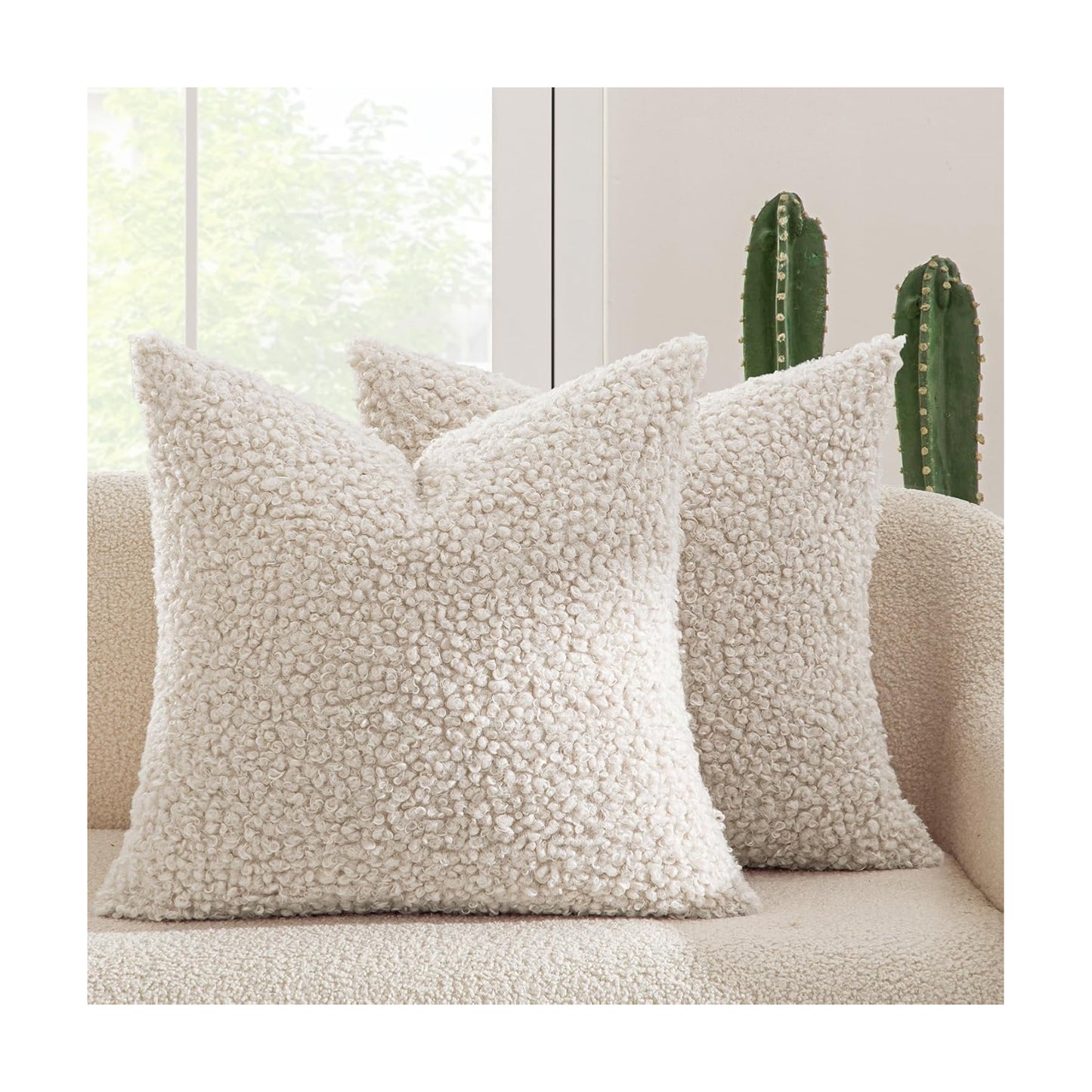 Faux Fur Throw Pillow Covers Boucle Decorative Sherpa / 20 x 20 / Neutral Light Beige / Set of 2