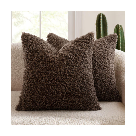 Faux Fur Throw Pillow Covers Boucle Decorative Sherpa Pillow Covers / 18 x 18 / Chocolate / Set of 2