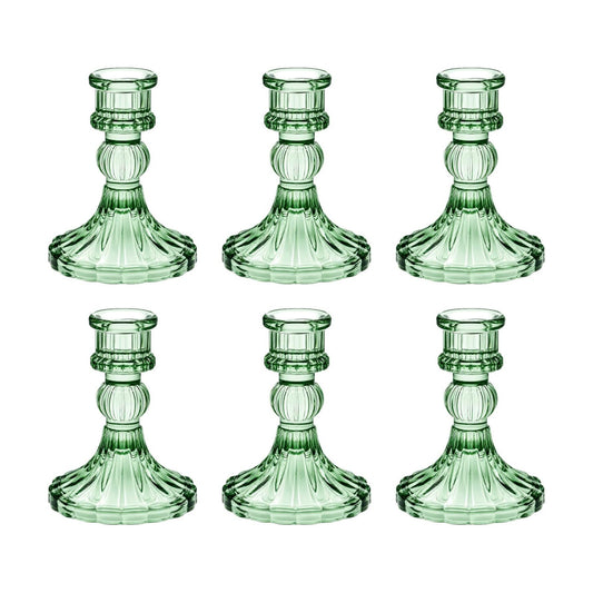 Green Glass Candlestick Holders, Taper Candle Holders, Set of 6