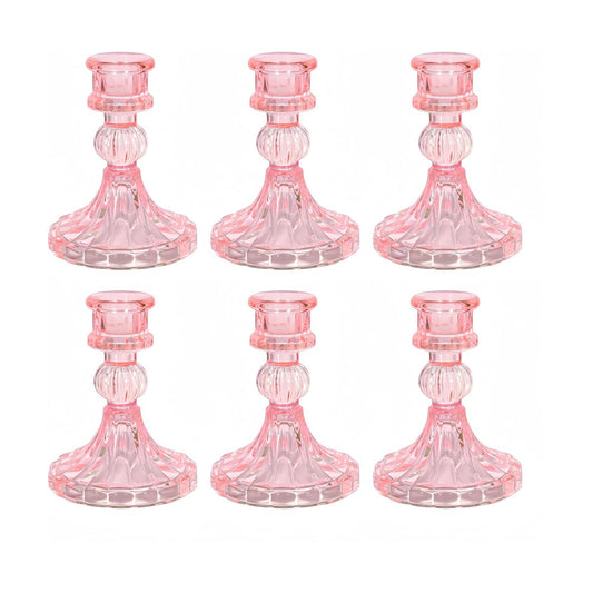 Pink Glass Candlestick Holders, Taper Candle Holders, Set of 6