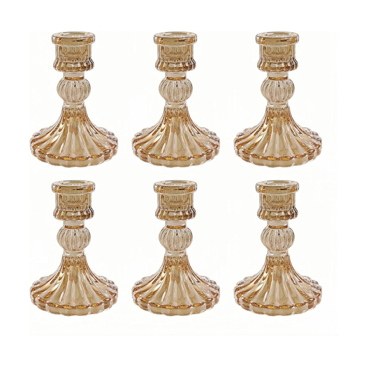 Amber Glass Candlestick Holders, Taper Candle Holders, Set of 6