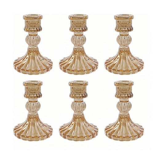 Amber Glass Candlestick Holders, Taper Candle Holders, Set of 6