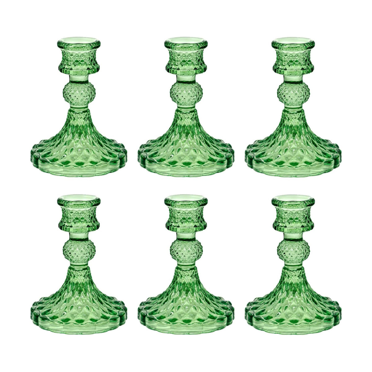 Green Glass Candlestick Holders, Taper Candle Holders, Set of 6