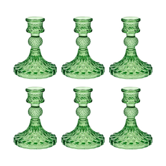 Green Glass Candlestick Holders, Taper Candle Holders, Set of 6