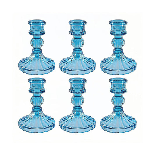 Bule Glass Candlestick Holders, Taper Candle Holders, Set of 6