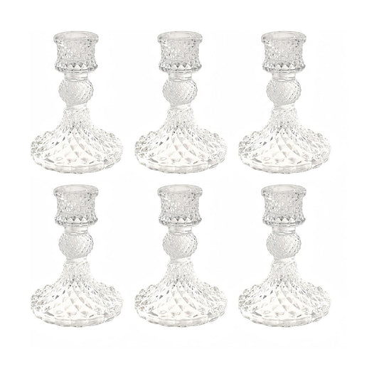 Clear Glass Candlestick Holders, Taper Candle Holders, Set of 6