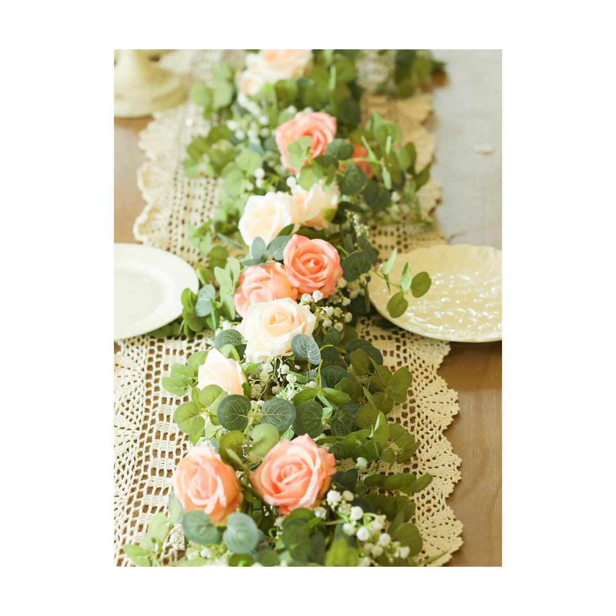 6FT Artificial Eucalyptus Flower Garland with Pink Roses & Baby's Breath