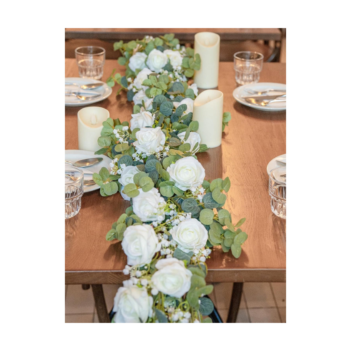 6FT Artificial Eucalyptus White Flower Garland with Roses & Baby's Breath