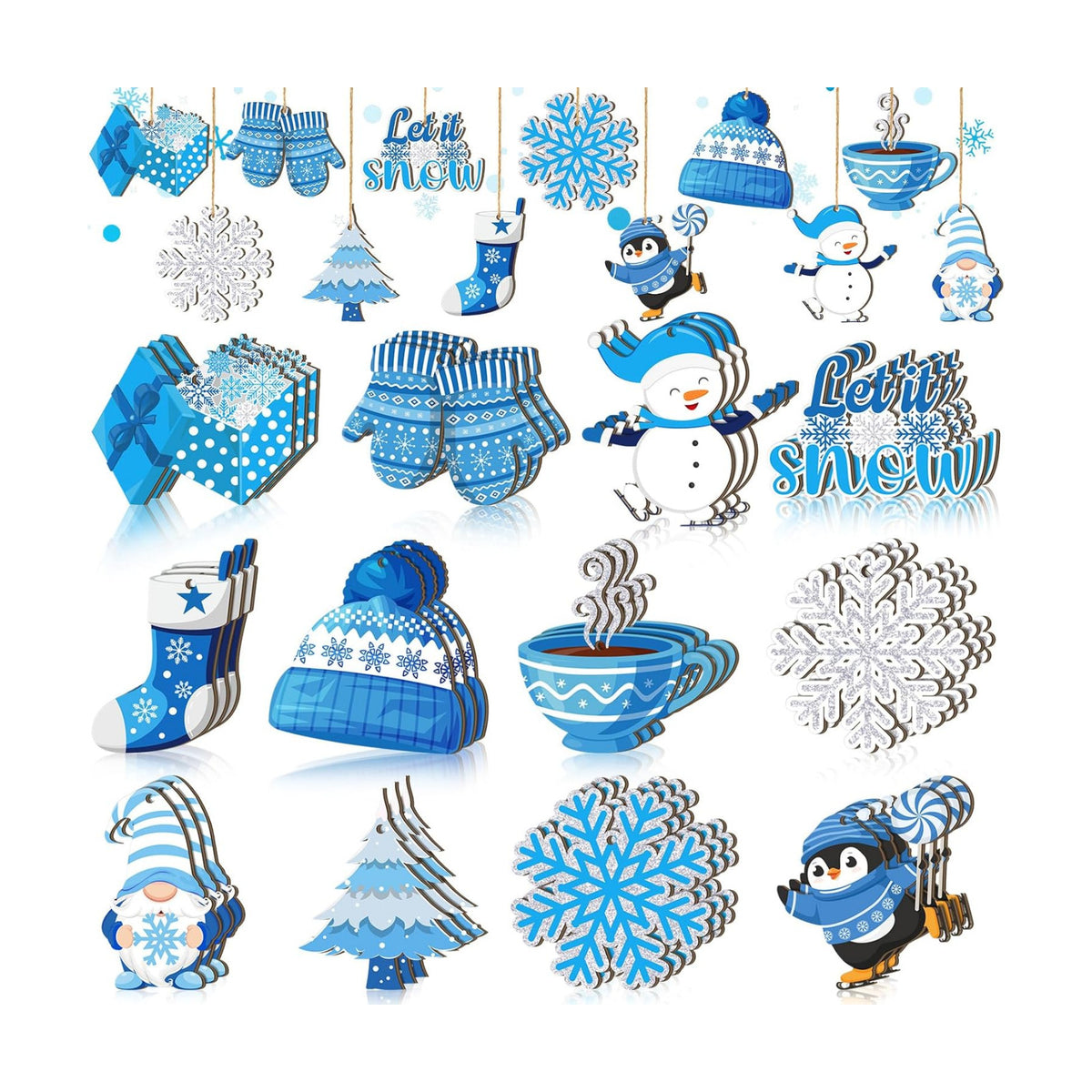 Qunclay 36 Pcs Winter Ornaments for Tree Blue Christmas Snowflake Wooden Hanging Ornament Snowman Gnome Wonderland Wood Pendant Winter Decorations for Home Small Tree Party Decor