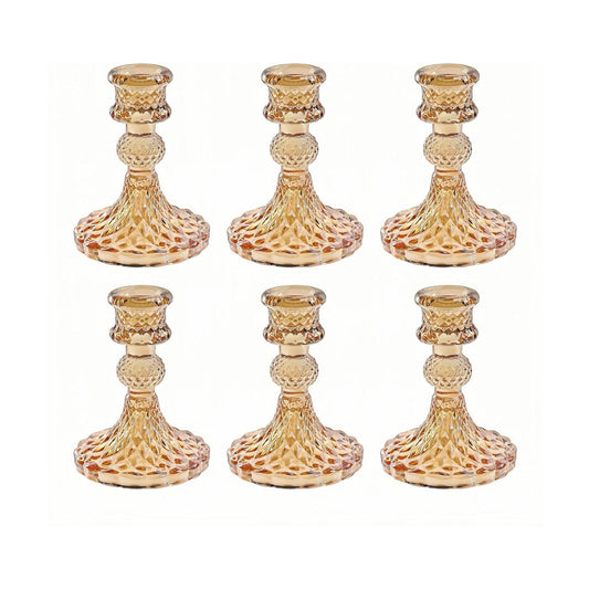 Amber Glass Candlestick Holders, Taper Candle Holders, Set of 6