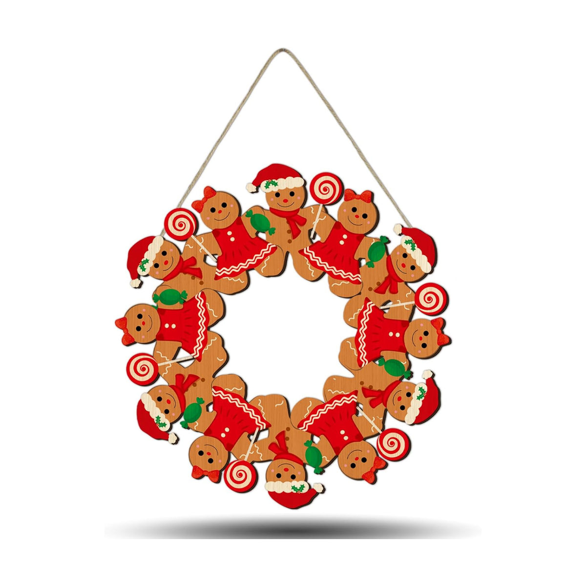 Merry Christmas Gingerbread Man Front Door Wreath, Xmas Wooden Gingerbread Boy Hanging Sign Christmastree Topper Ornament Wall Door Candy Hanger Outdoor Outside Porch Party Decor Supplies