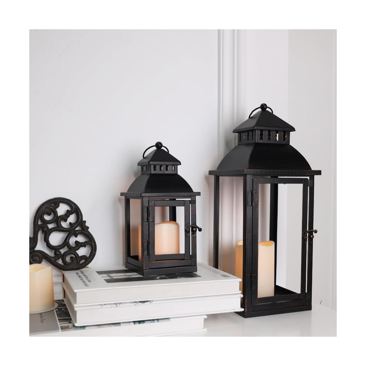 LED Lanterns Decorative Outdoor&Indoor, Set of 2 (17’’&11’’) Large Black Metal Lantern Decor with bronze brush, Candle