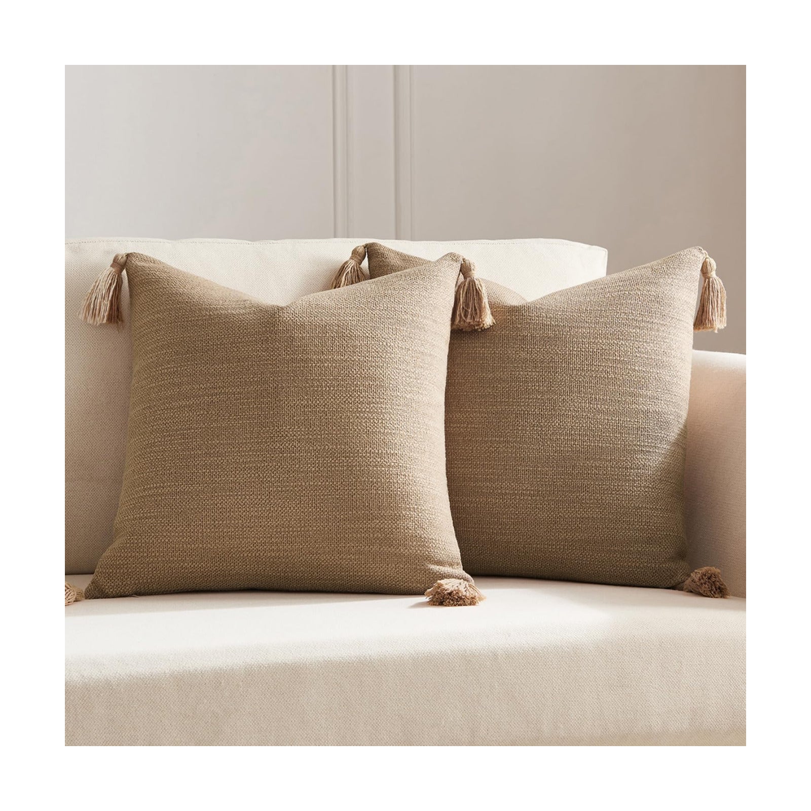 Linen Look Decorative Throw Cushion Covers / Khaki / 16 x 16 / Set of 2