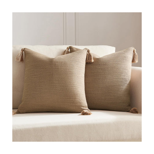 Linen Look Decorative Throw Cushion Covers / Khaki / 16 x 16 / Set of 2