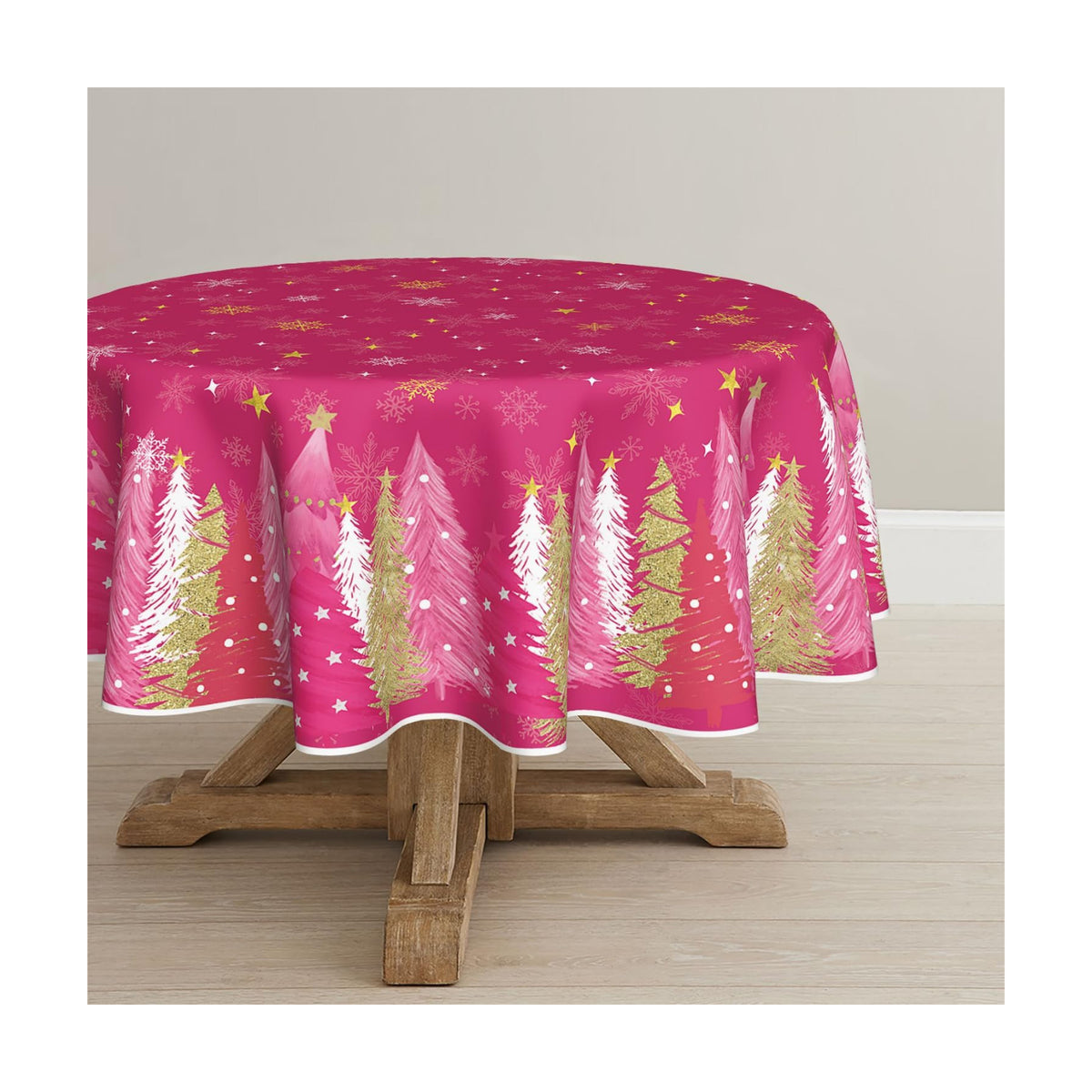Horaldaily Christmas Tablecloth 70 x 70 Inch Round Christmas Trees Pink