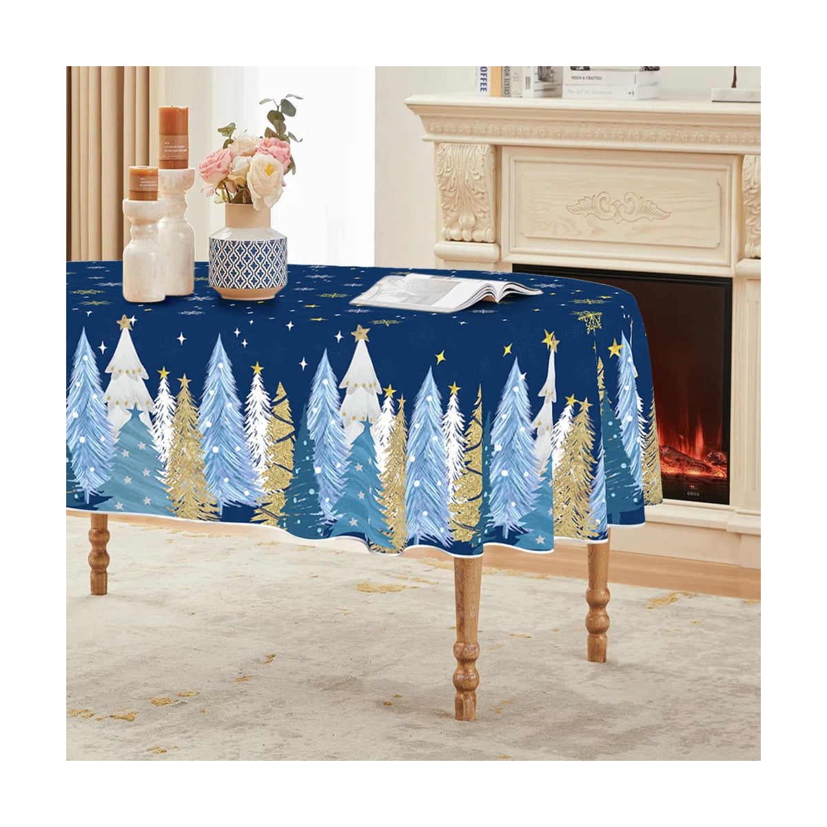 Horaldaily Christmas Tablecloth 60x84 Inch Oval, Christmas Trees Blue Grey Washable Seasonal Table Cover for Party Picnic Dinner Decor