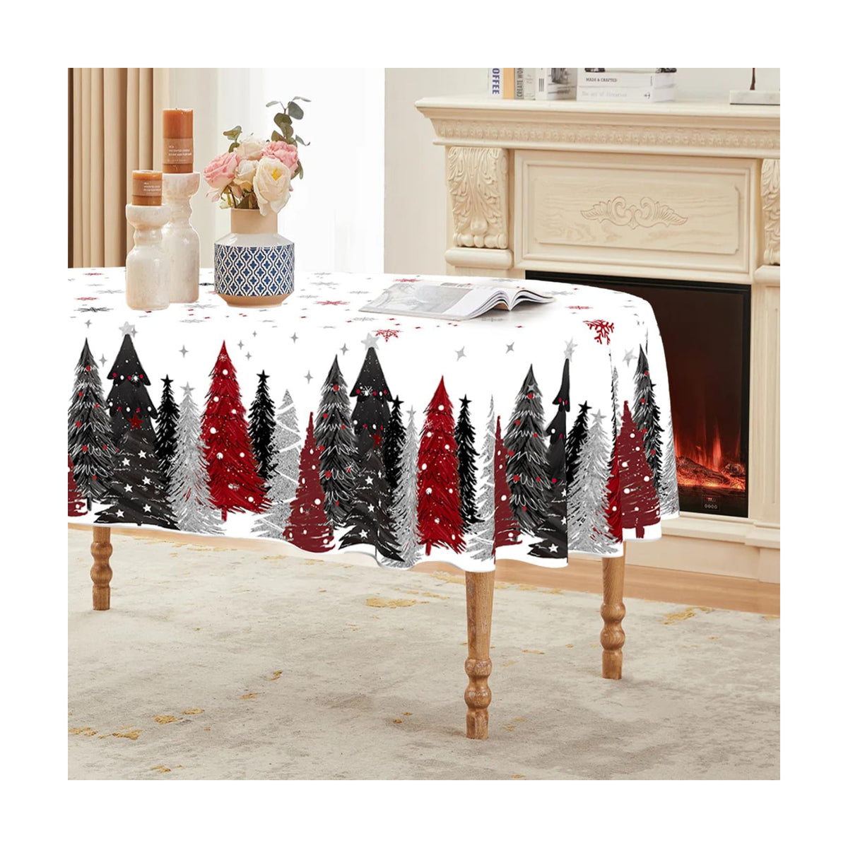 Horaldaily Christmas Tablecloth 60 x 84 Inch Oval Christmas Trees Red Black