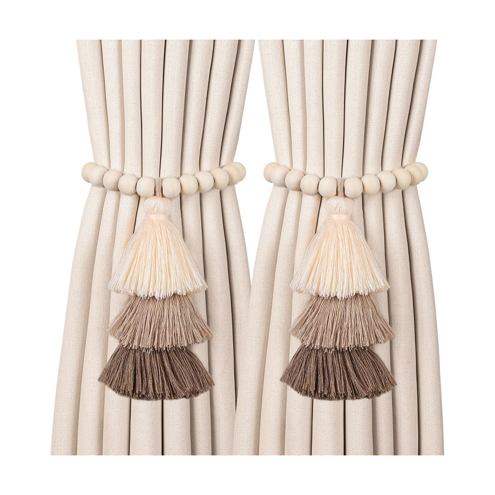 4 Pack Magnetic Curtain Tiebacks with 3-Tier Tassel, Wood Bead Curtain Holdbacks No Drill, Boho Curtain Tie Backs
