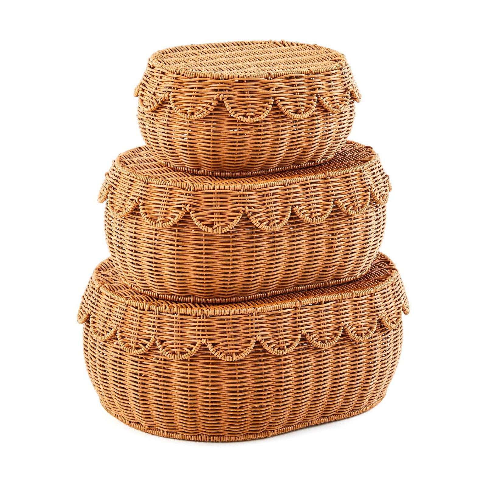 Scalloped Rattan Baskets / Dark Brown / Medium, Large / Set of 3