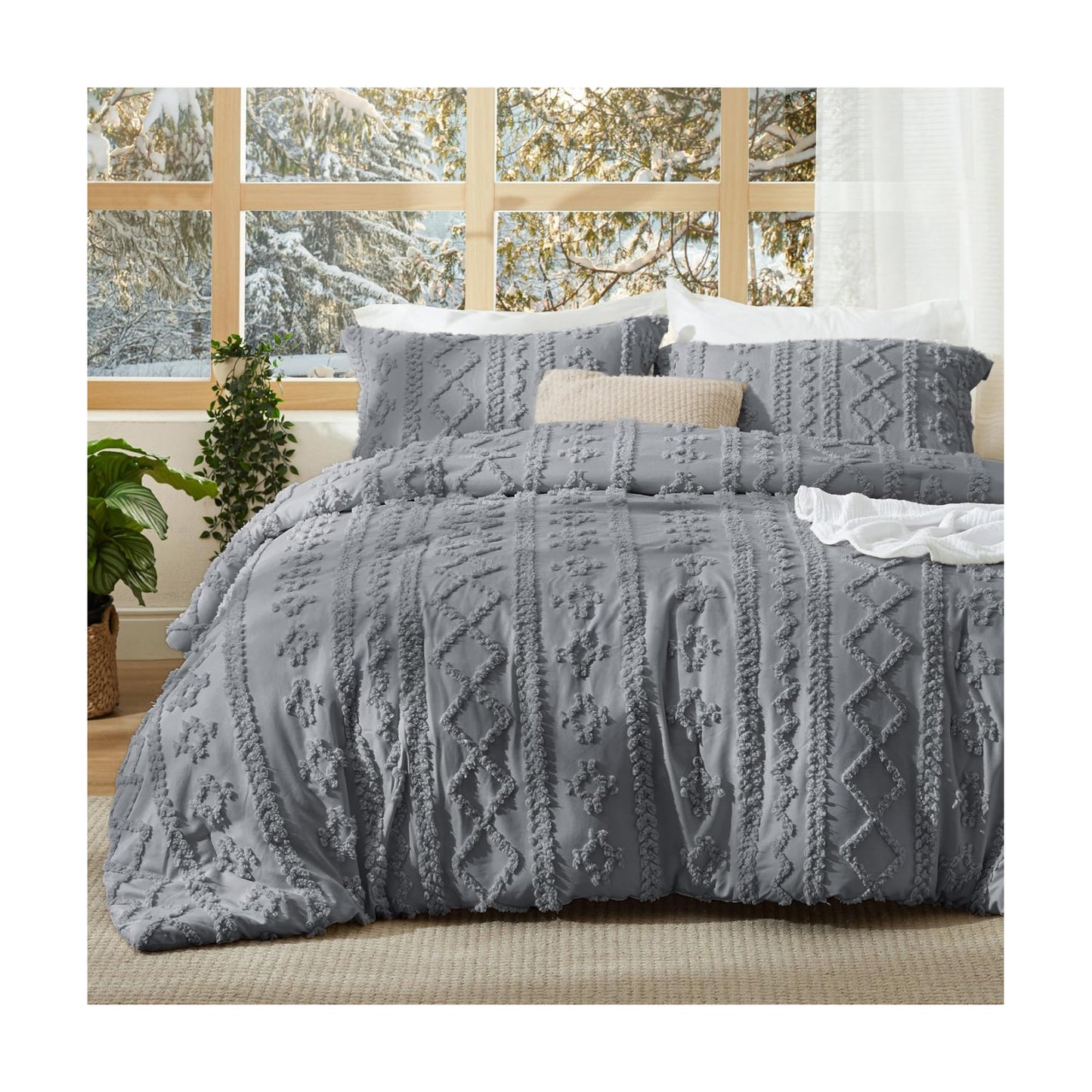 Bedsure Tufted Boho Comforter Set Queen Size - Grey Boho Bed Set, GentleSoft™ 3 Pieces Farmhouse-Style Embroidery