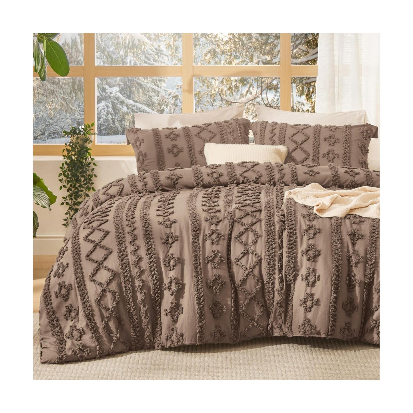 Bedsure Tufted Boho Comforter Set King Size - Coffee Brown Boho Bed Set, GentleSoft™ 3 Pieces Farmhouse-Style