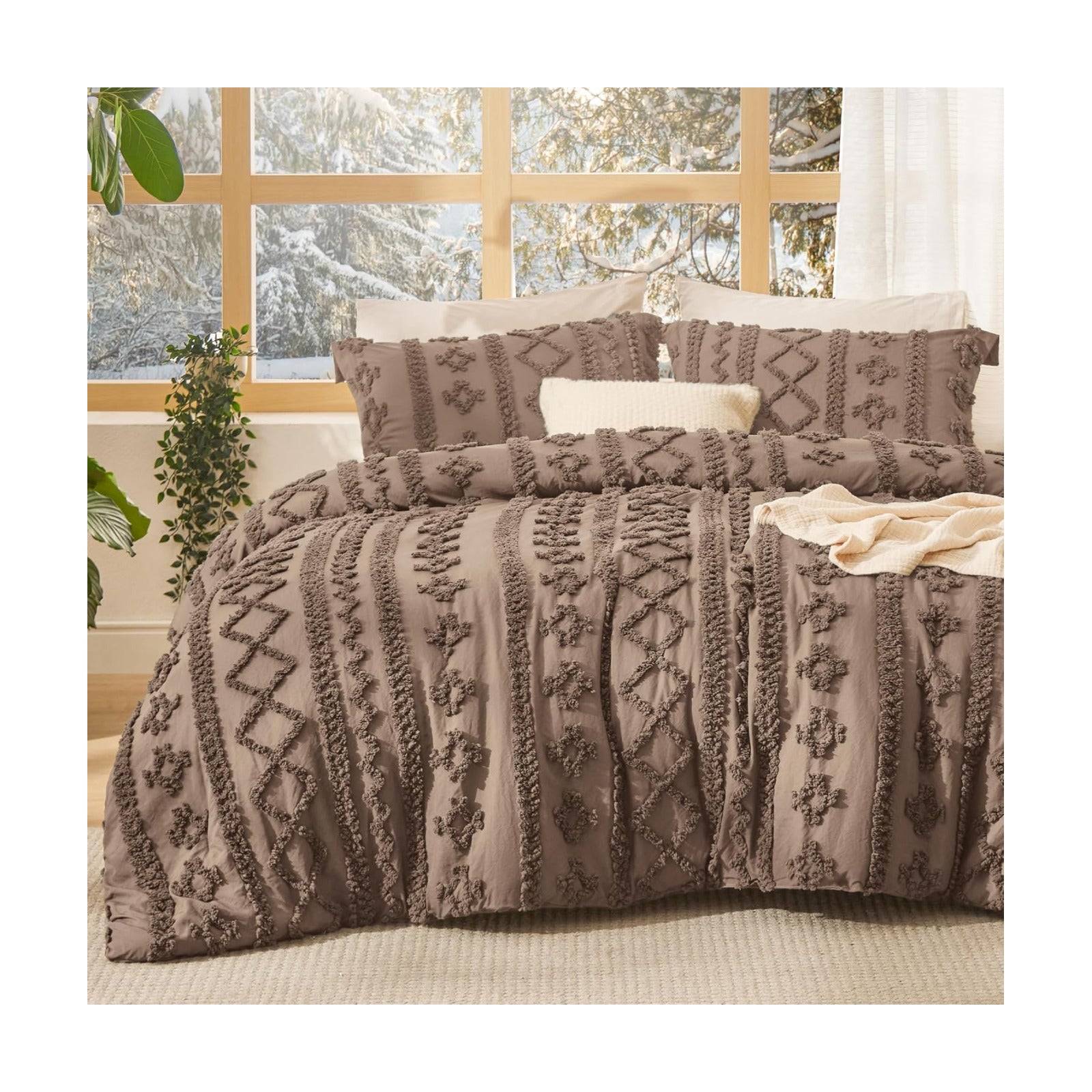 Bedsure Tufted Boho Comforter Set King Size - Coffee Brown Boho Bed Set, GentleSoft™ 3 Pieces Farmhouse-Style