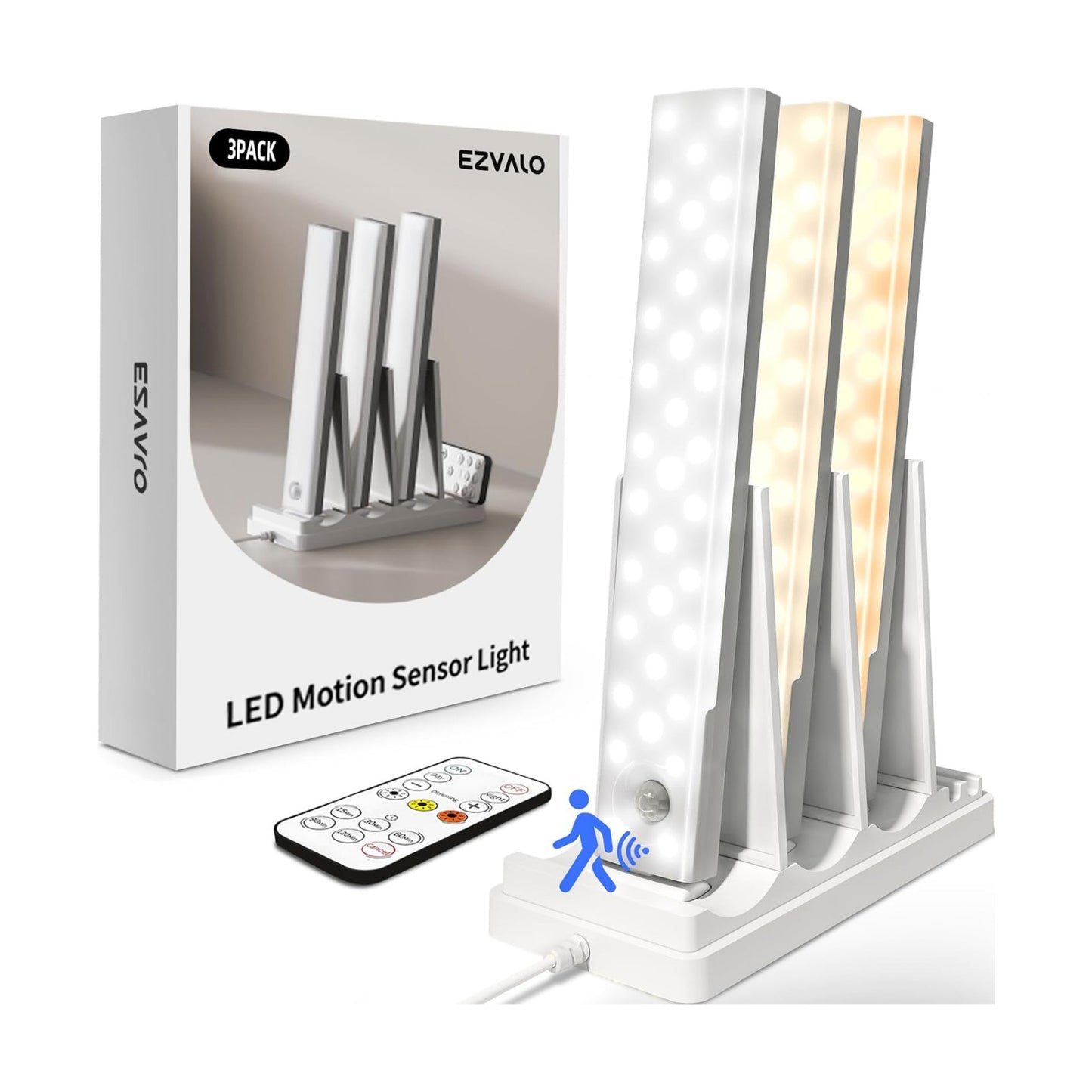 EZVALO 3-Pack Under Cabinet Lighting with Charging Station, 1800mAh Rechargeable Wireless Motion Sensor Lights, 3 Color