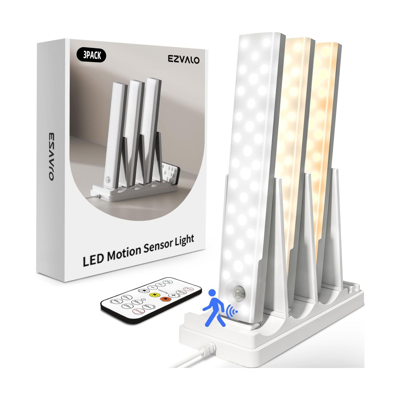 EZVALO 3-Pack Under Cabinet Lighting with Charging Station, 1800mAh Rechargeable Wireless Motion Sensor Lights, 3 Color