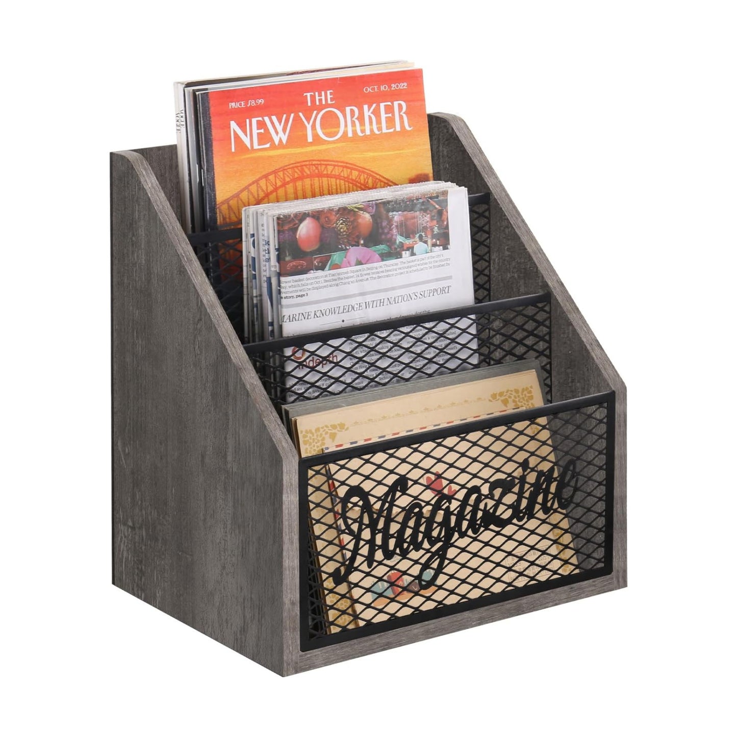YINMIT 3 Tier Magazine Rack, Stepped Magazine Holder Floor for Home Storage | 3 Tier Stepped Design, Wood and Metal