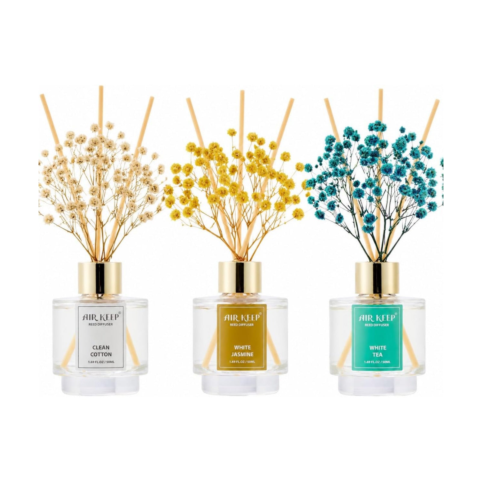 Airkeep Reed Diffuser Set of 3,Clean Cotton White Jasmine White Tea Oil Reed Diffusers for Bedroom Living Room Office