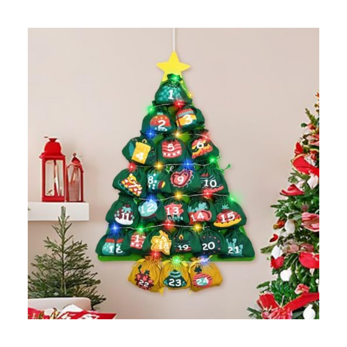 cshare Christmas Advent Calendars with Pockets, Christmas Tree Hanging Advent Calendar Reusable, Empty to Fill Farbic 24 Days Countdown Christmas Decorations