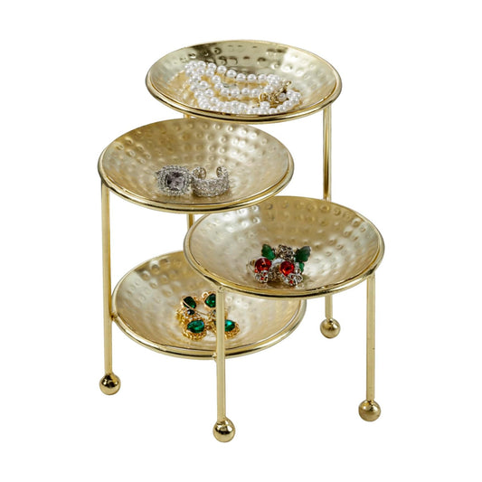 Hammered Brass Plated Metal Ring Tray / Brass, 4 Tier