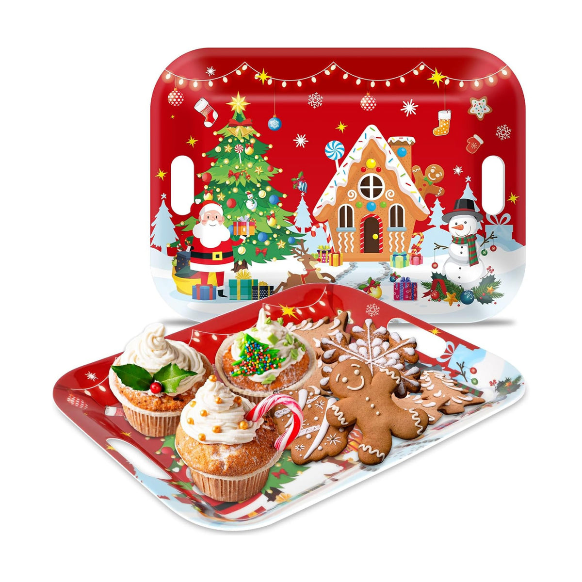 gisgfim 2PCS Christmas Serving Tray with Handles 16 X 11 Inch Large Melamine Platter Serving Dishes Rectangular Xmas Tree Santa Snowman Gingerbread House Food Tray for Snack Cookie Candy Dessert Plate