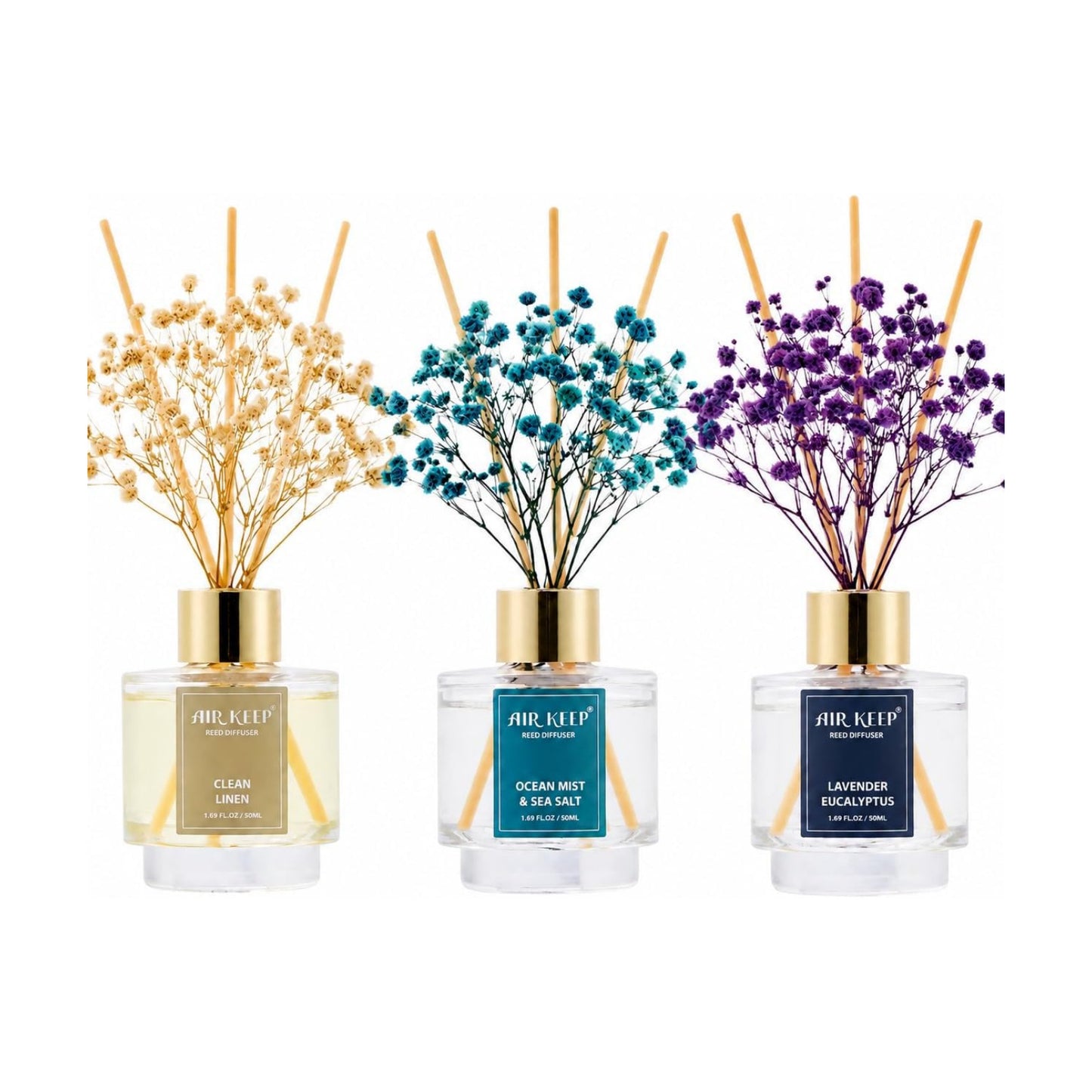 Airkeep Reed Diffuser Set of 3,Clean Linen Ocean Mist&Sea Salt Lavender Eucalyptus Oil Reed Diffusers for Bedroom