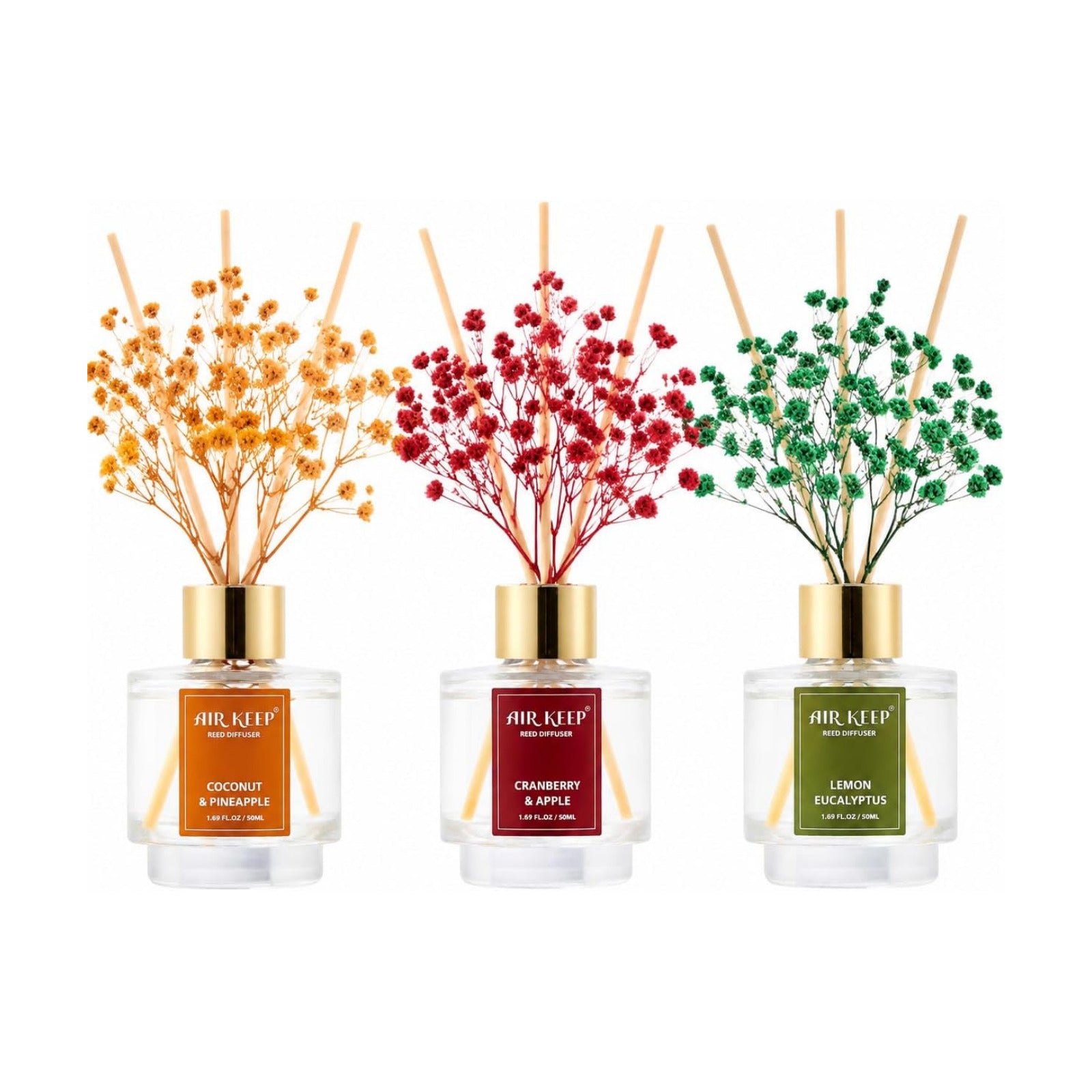 Airkeep Reed Diffuser Set of 3, Coconut Pineapple Lemon Eucalyptus Cranberry Apple Oil Reed Diffusers for Bedroom