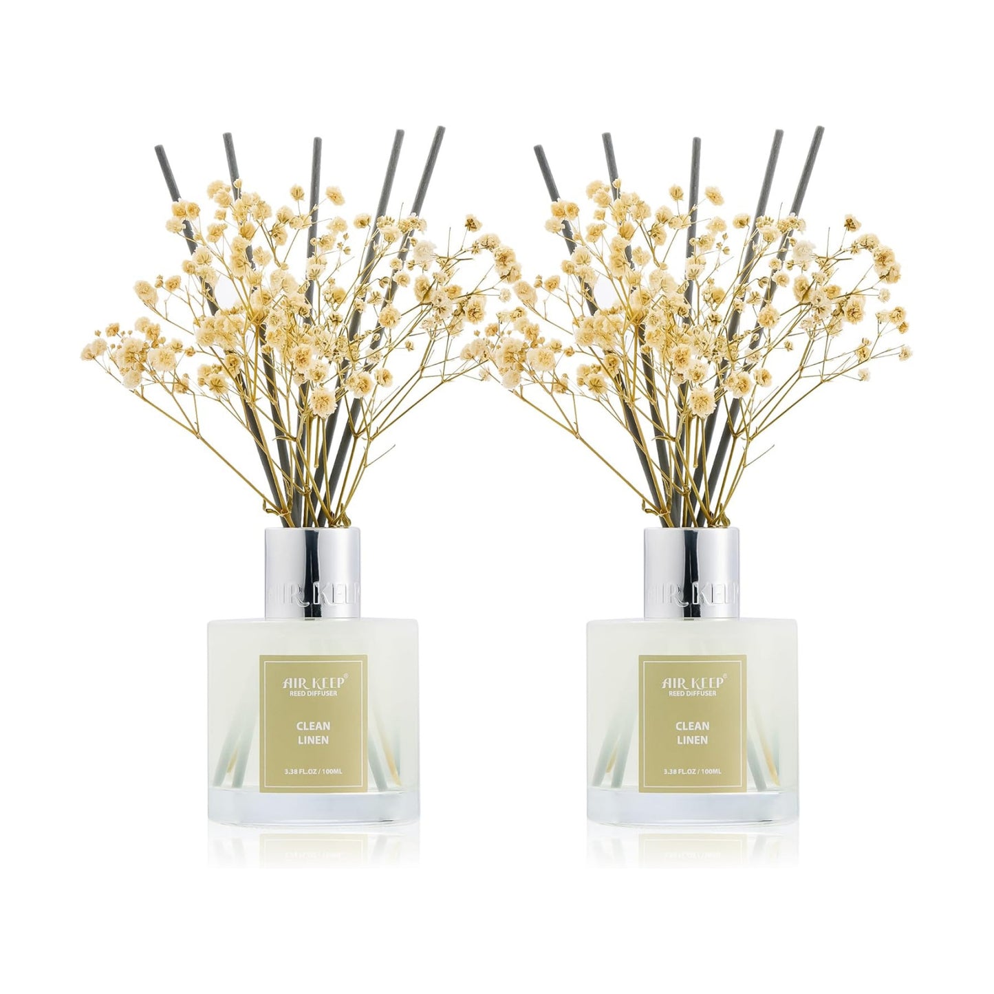 Airkeep Reed Diffuser 3.38 oz (100ml) 2pk, Clean Linen Scented Reed Diffuser Set,Reed Diffuser & Oil Diffuser Sticks