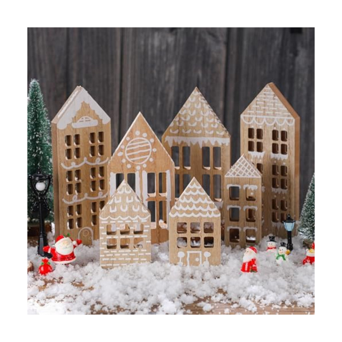 Briwooody 7 Wooden Christmas Village Houses Set, Brown