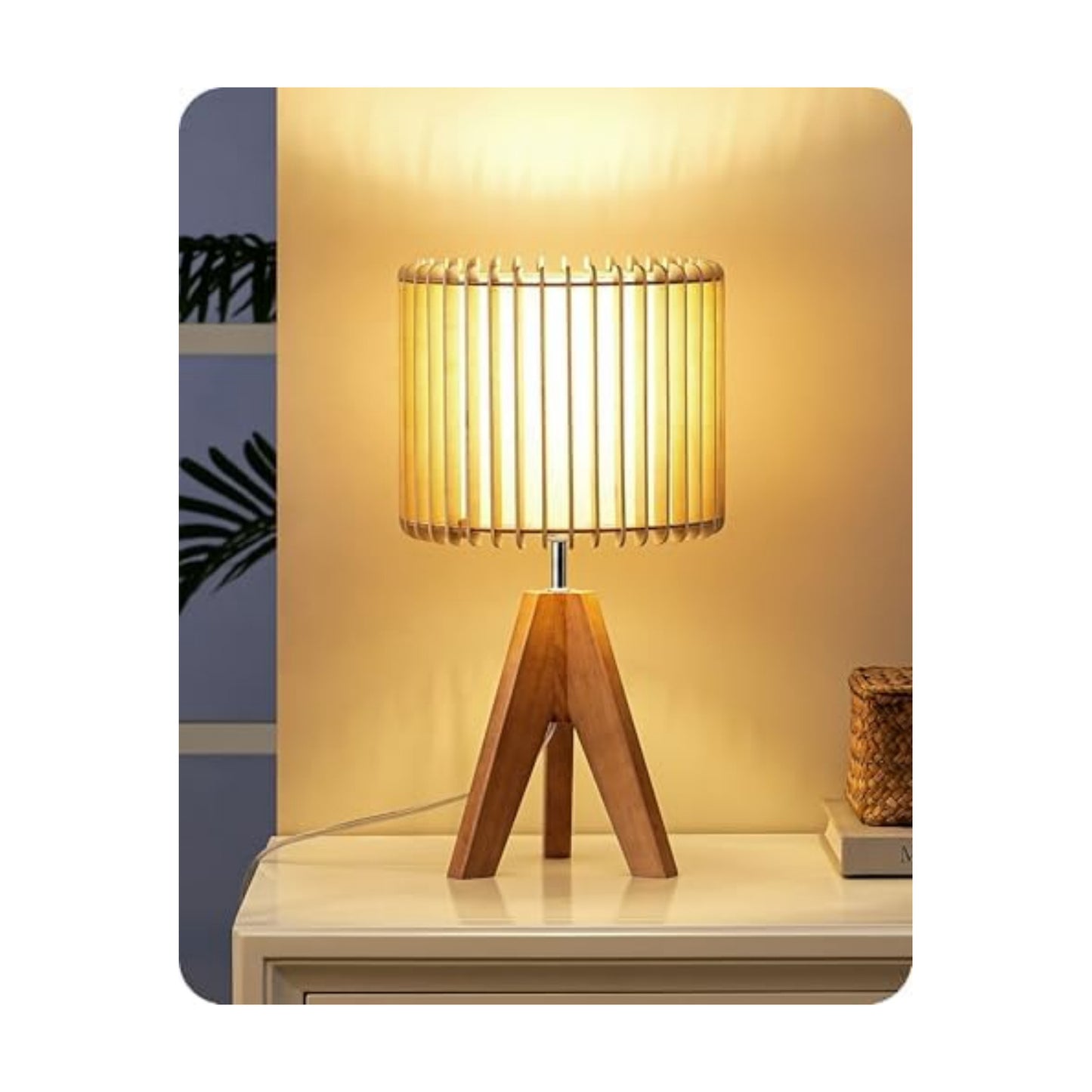 EDISHINE 14.17" Small Table Lamp, Wood-Colored Hollow Shade, E26 Base