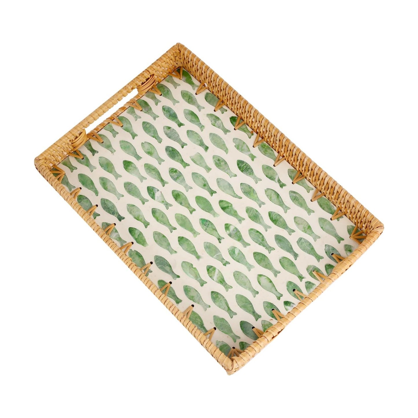 Rattan Serving Tray / Green Fish