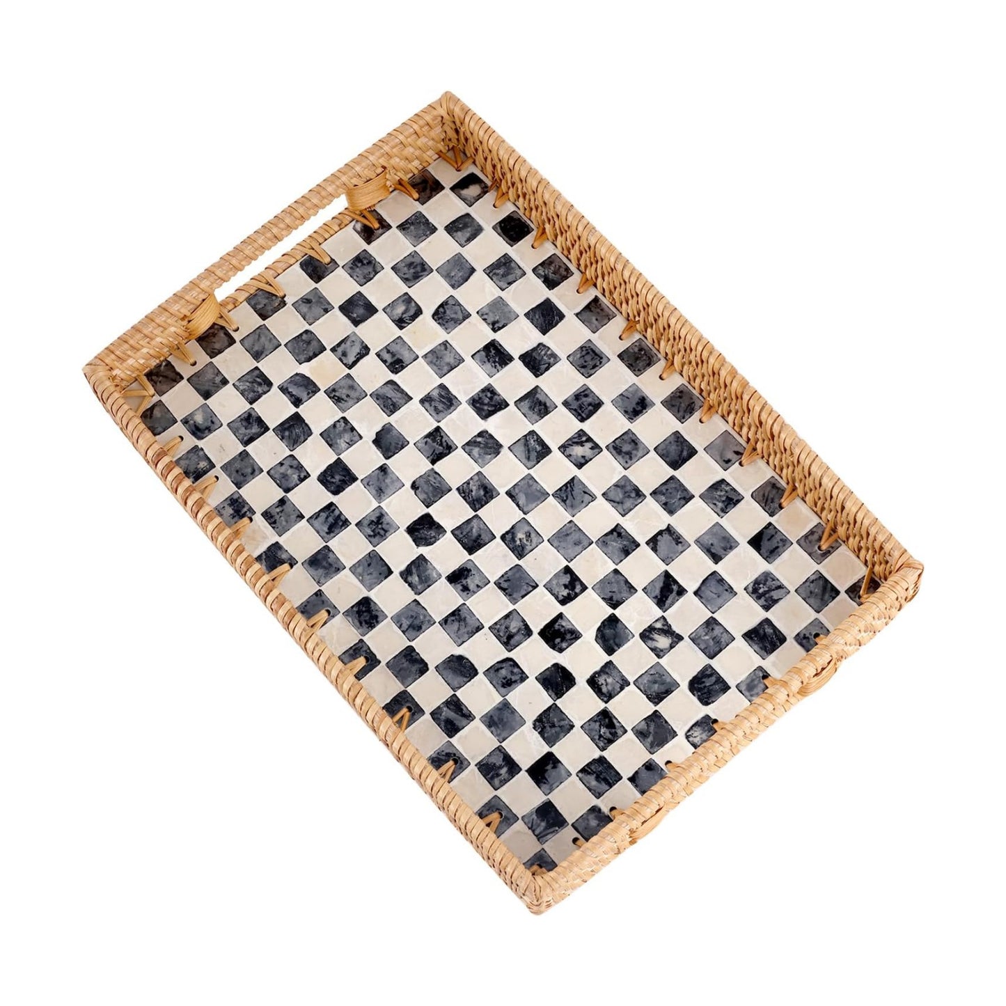 Rattan Serving Tray / Black Checkerboard