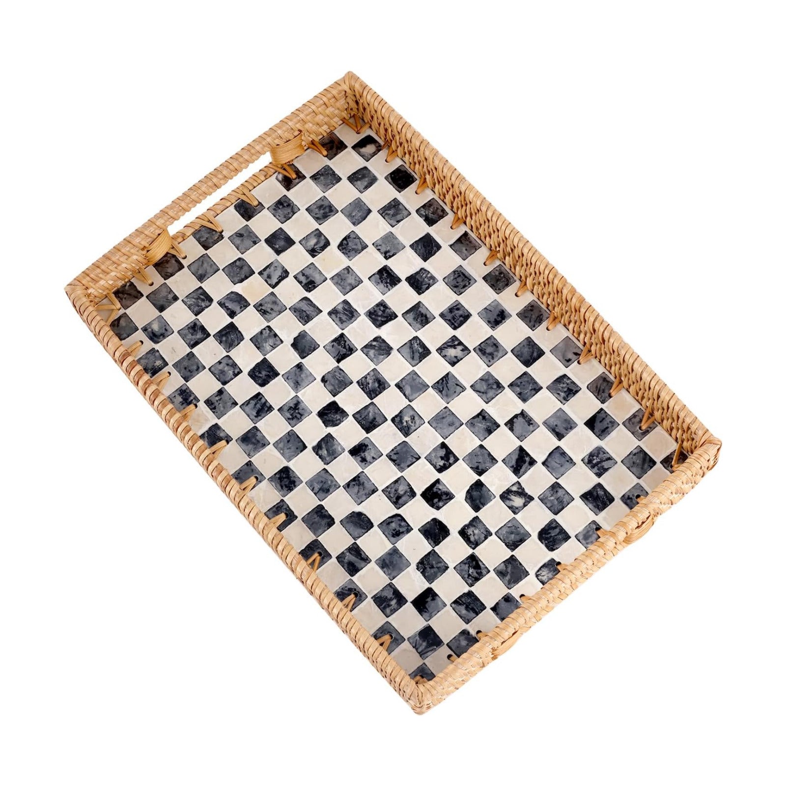 Rattan Serving Tray / Black Checkerboard