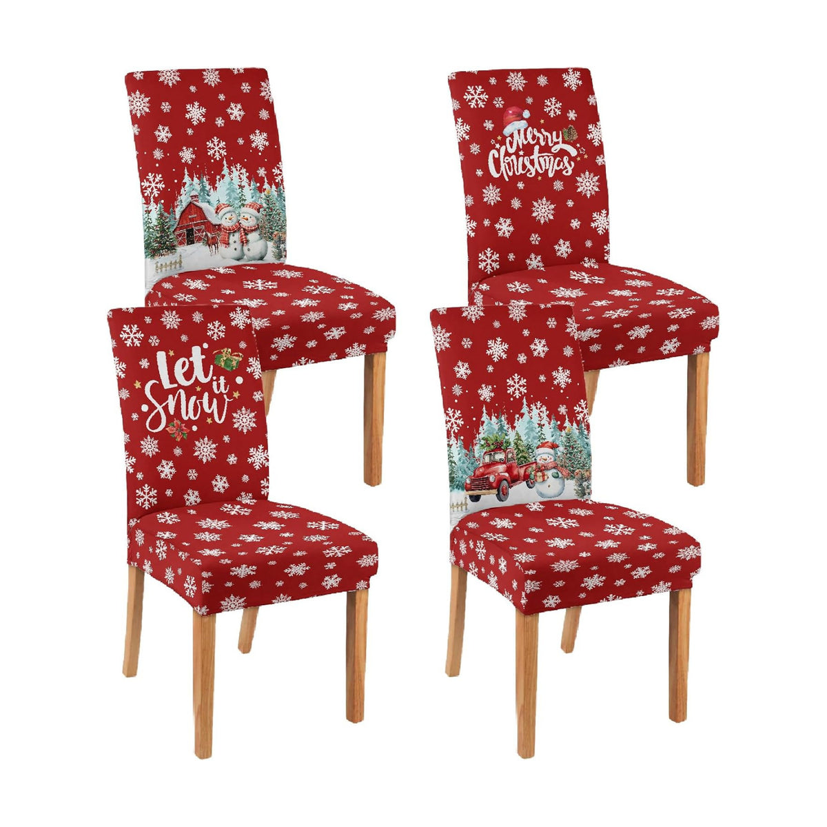 Christmas Chair Covers Set of 4 Snowman Red Truck Dining Chair Seat Cover Stretch Removable Xmas Chair Slipcover Protector for Xmas Dining Room Kitchen Home Decor
