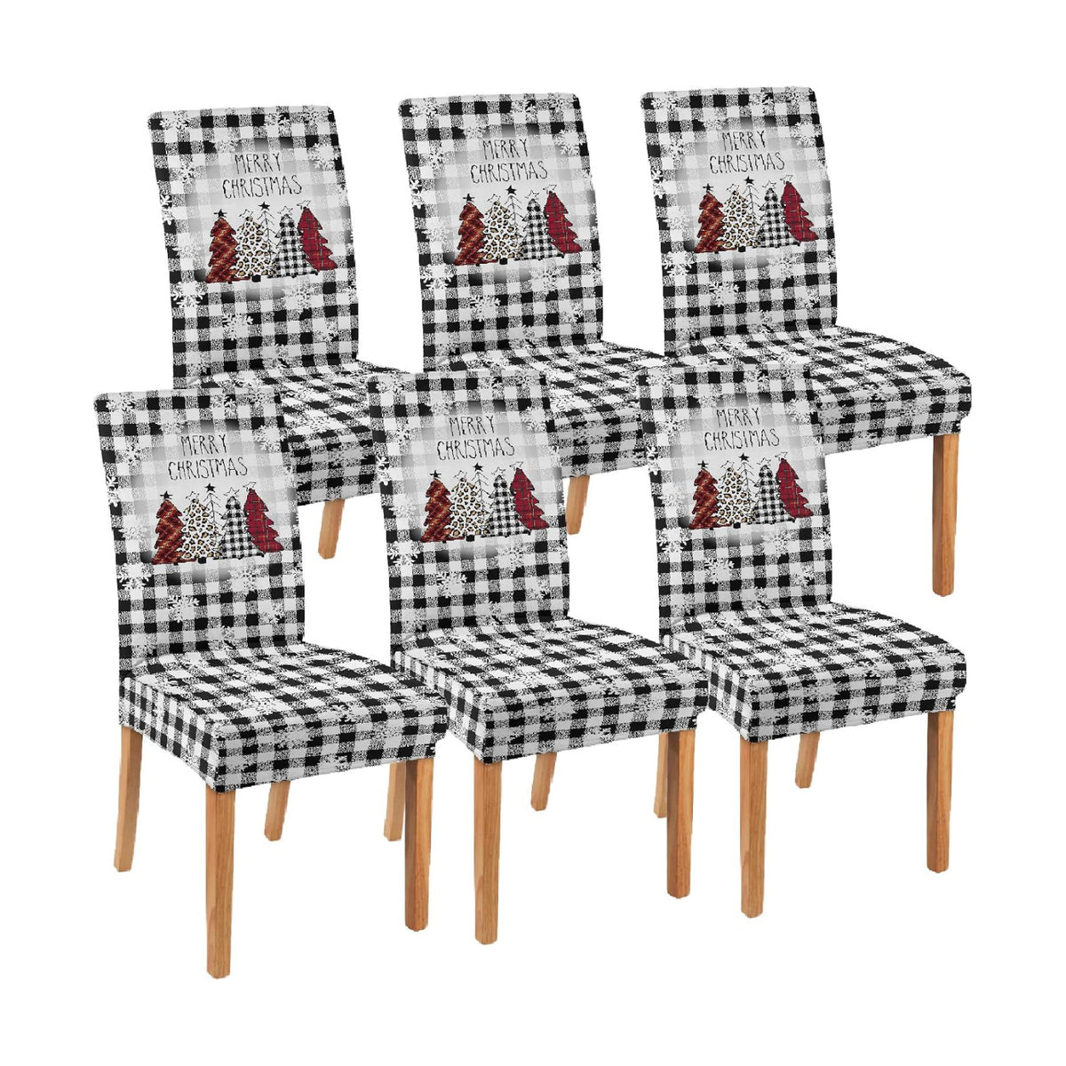 Christmas Chair Covers Set of 6 Buffalo Plaid Christmas Tree Dining Chair Seat Cover Stretch Removable Xmas Chair Slipcover Protector for Xmas Dining Room Kitchen Home Decor