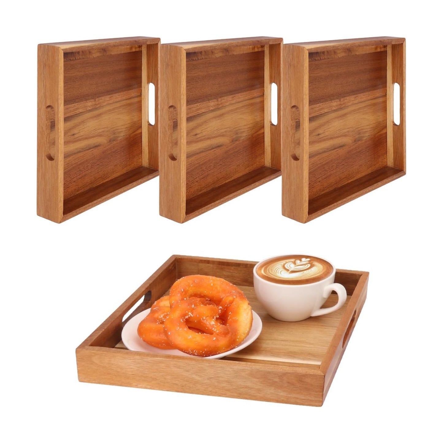 Wooden Tray / Acacia Wood Serving Tray / 10 Inch Square / 10 Inch / Set of 4