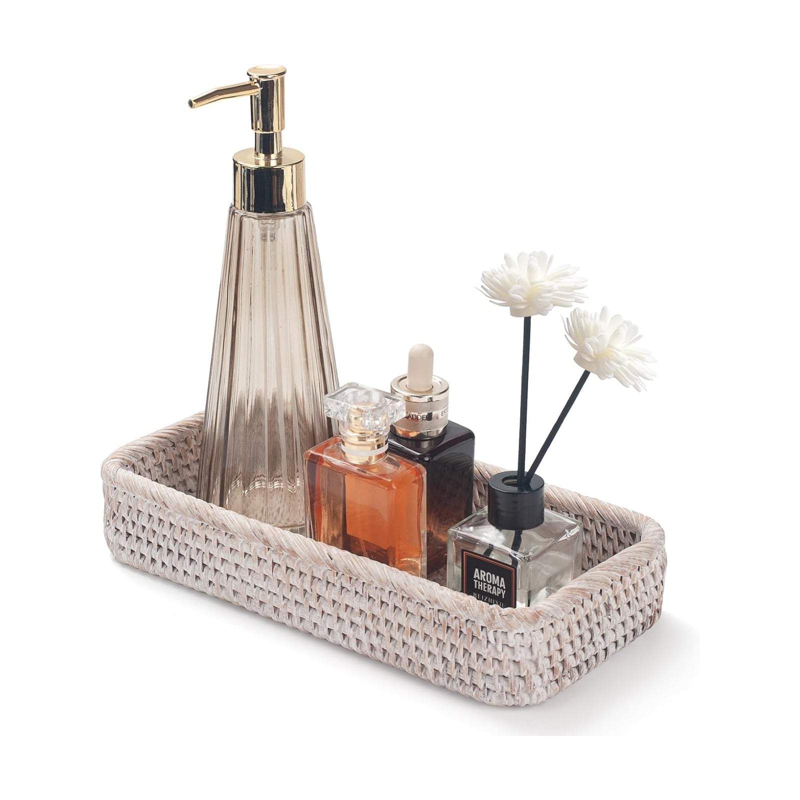 Rattan Bathroom Vanity Tray / 10.2 x 4.9 x 1.6 / Whitewash