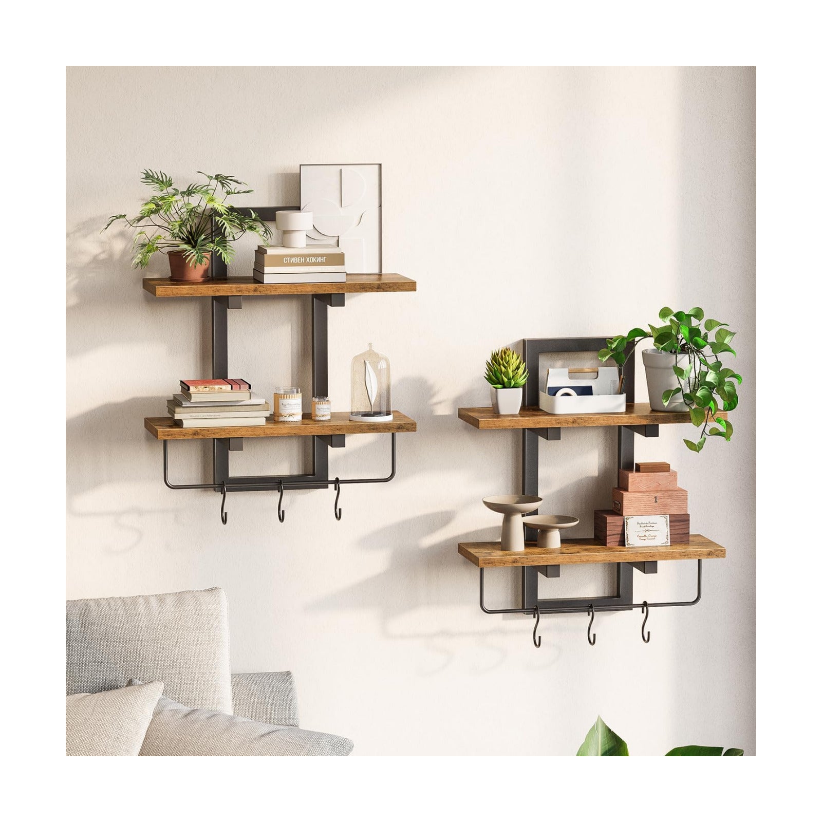 Floating Shelves / 6 Hooks / Rustic Brown + Black / Set of 2