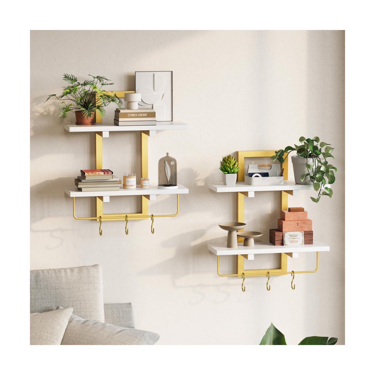 Floating Shelves / Wall Mounted Storage Shelves / White + Gold / Set of 2