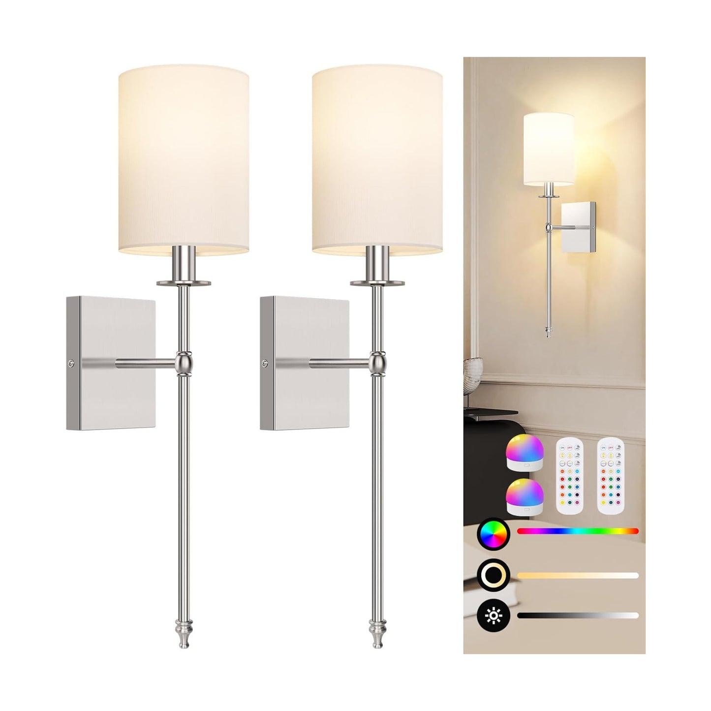 24 Inch Battery Operated Wall Sconces Set of 2 with Remote, Brushed Nickel Rechargeable Wireless Wall Lights with White