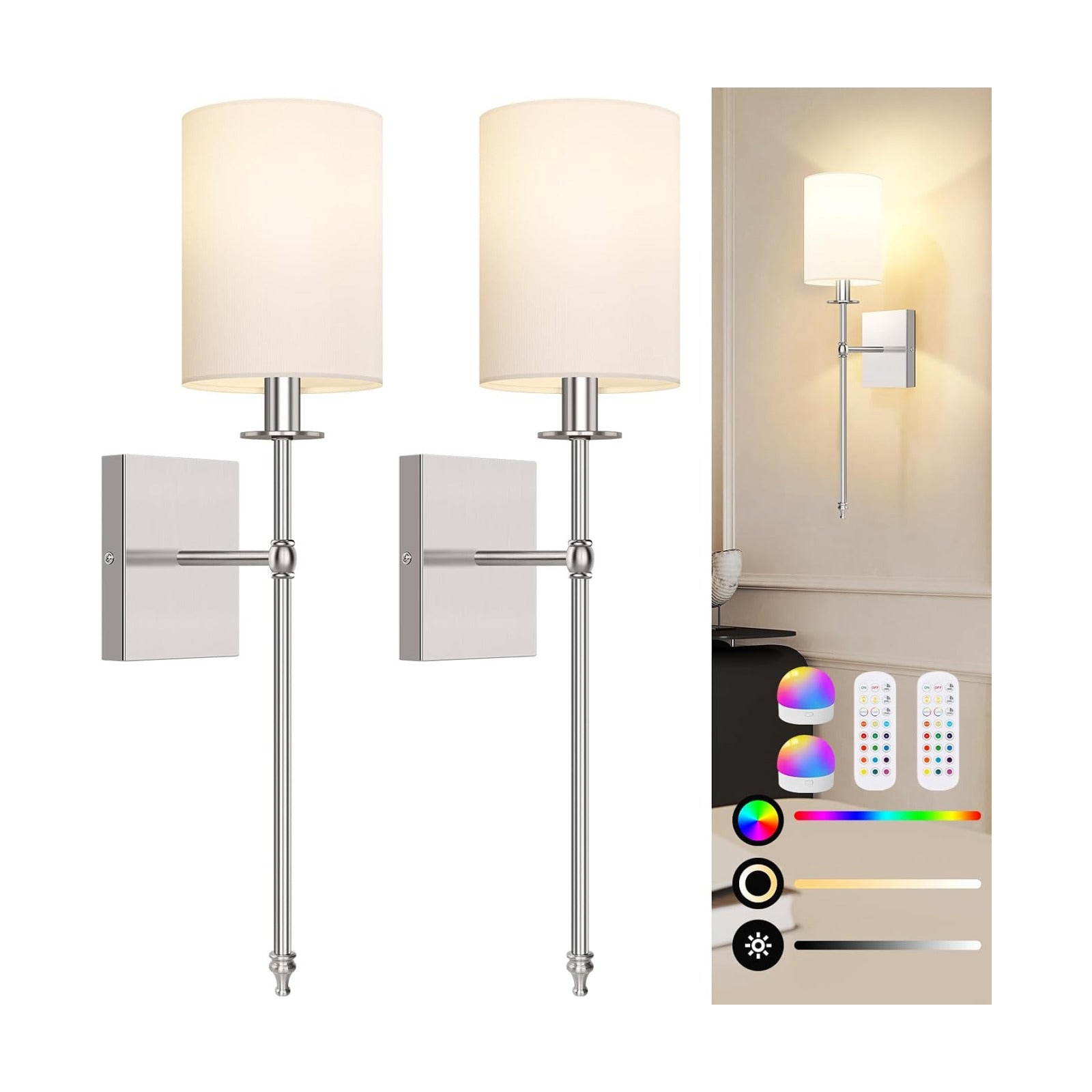 24 Inch Battery Operated Wall Sconces Set of 2 with Remote, Brushed Nickel Rechargeable Wireless Wall Lights with White