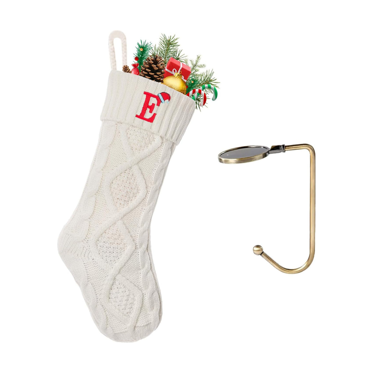 Christmas Stockings with Initials, Letter E Embroidered Xmas Stockings, 18" Large Monogram Knitted Xmas Stocking, Christmas Party Fireplace Family Hanging Stocking Decorations(1 Pack, White)